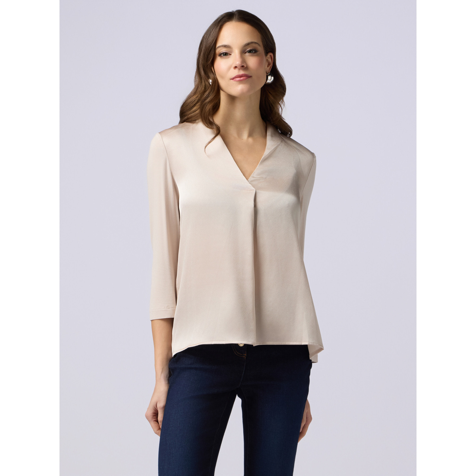 Oltre - T-shirt bimaterica con scollo a V - Beige