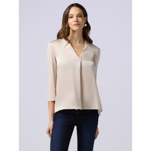 Oltre - T-shirt bimaterica con scollo a V - Beige