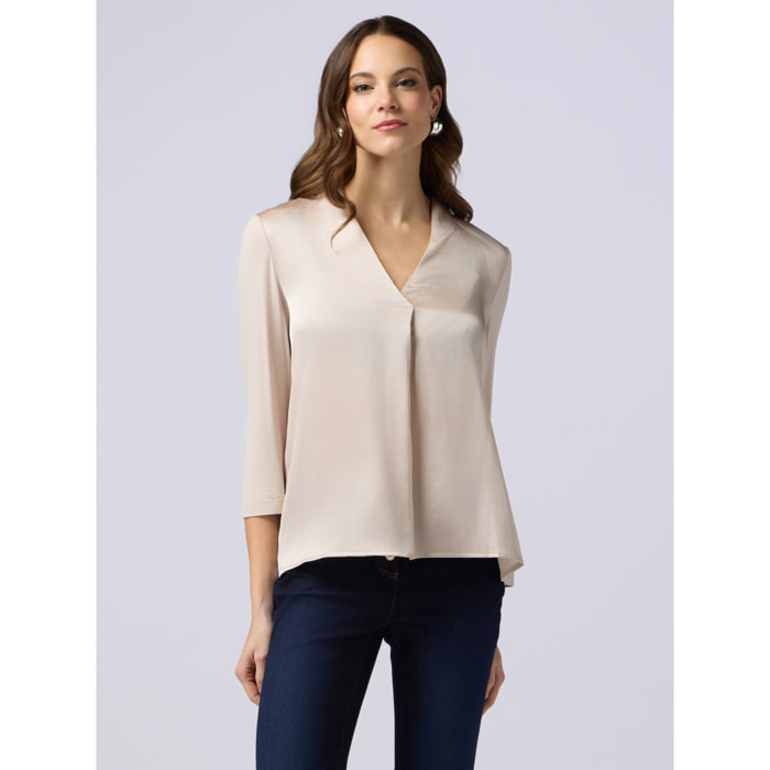 Oltre - T-shirt bimaterica con scollo a V - Beige