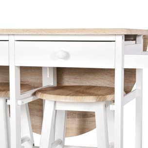 Ensemble table de bar pliable sur roulettes avec étagère et 2 tiroirs + 2 tabourets bois pin MDF blanc chêne clair