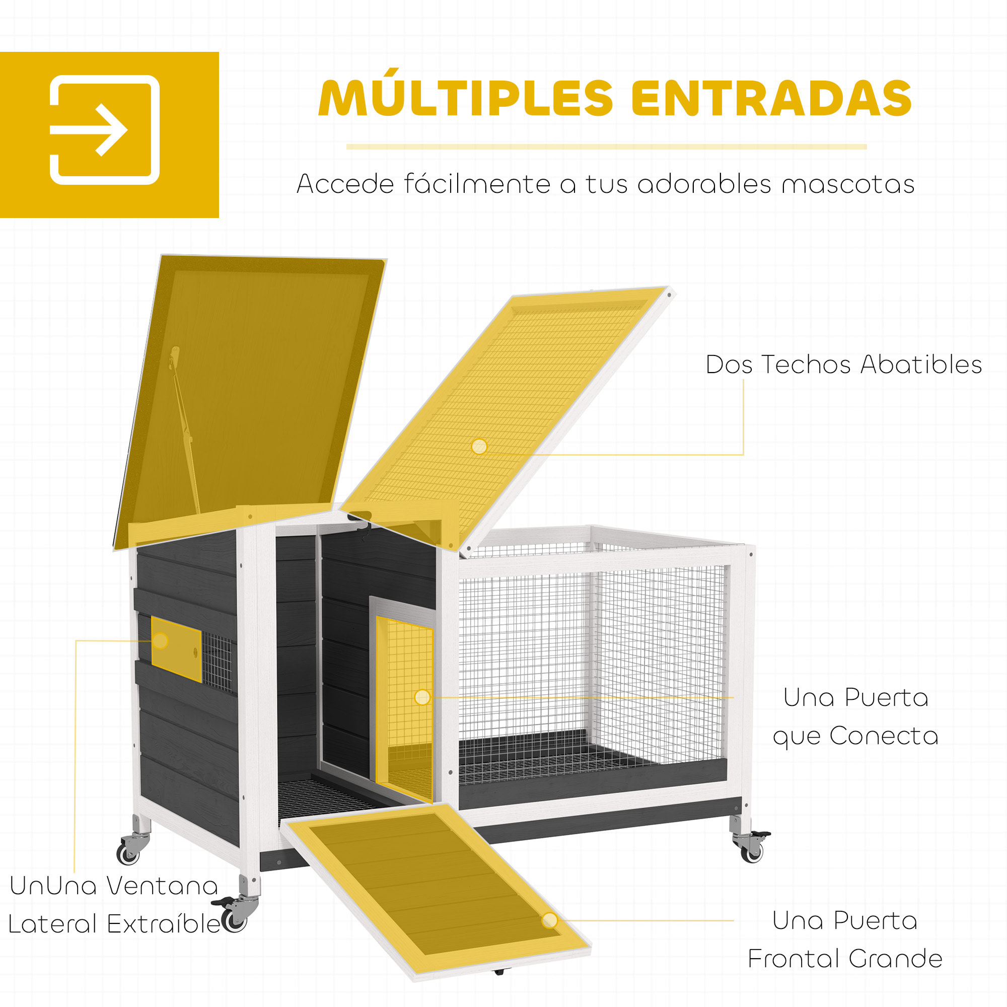 Conejera de Madera con Ruedas Jaula para Conejos con Techo Asfáltico Abatible Ventana Móvil y Bandeja Extraíble Conejera para Interior y Exterior 91x51x66 cm Blanco y Gris Oscuro