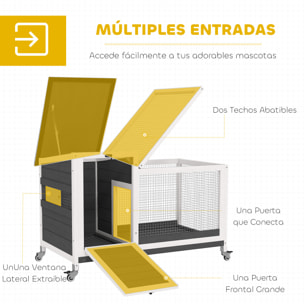 Conejera de Madera con Ruedas Jaula para Conejos con Techo Asfáltico Abatible Ventana Móvil y Bandeja Extraíble Conejera para Interior y Exterior 91x51x66 cm Blanco y Gris Oscuro