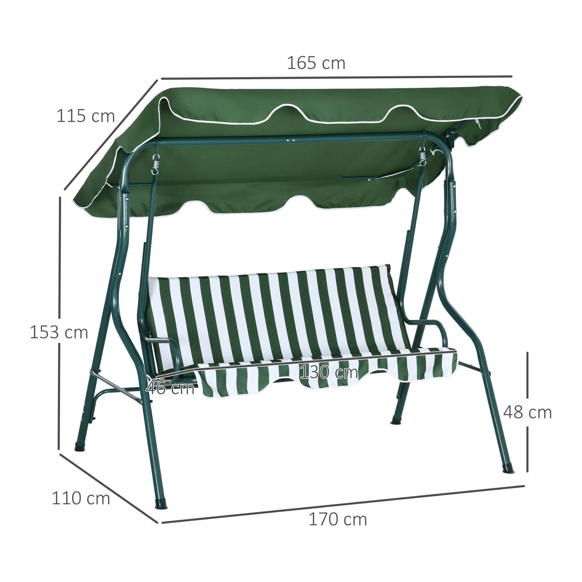 Columpio de Jardín de 2-3 Plazas Balancín de Exterior con Toldo Ajustable en Ángulo Impermeable y Marco de Acero para Patio Balcón 170x110x153 cm Verde