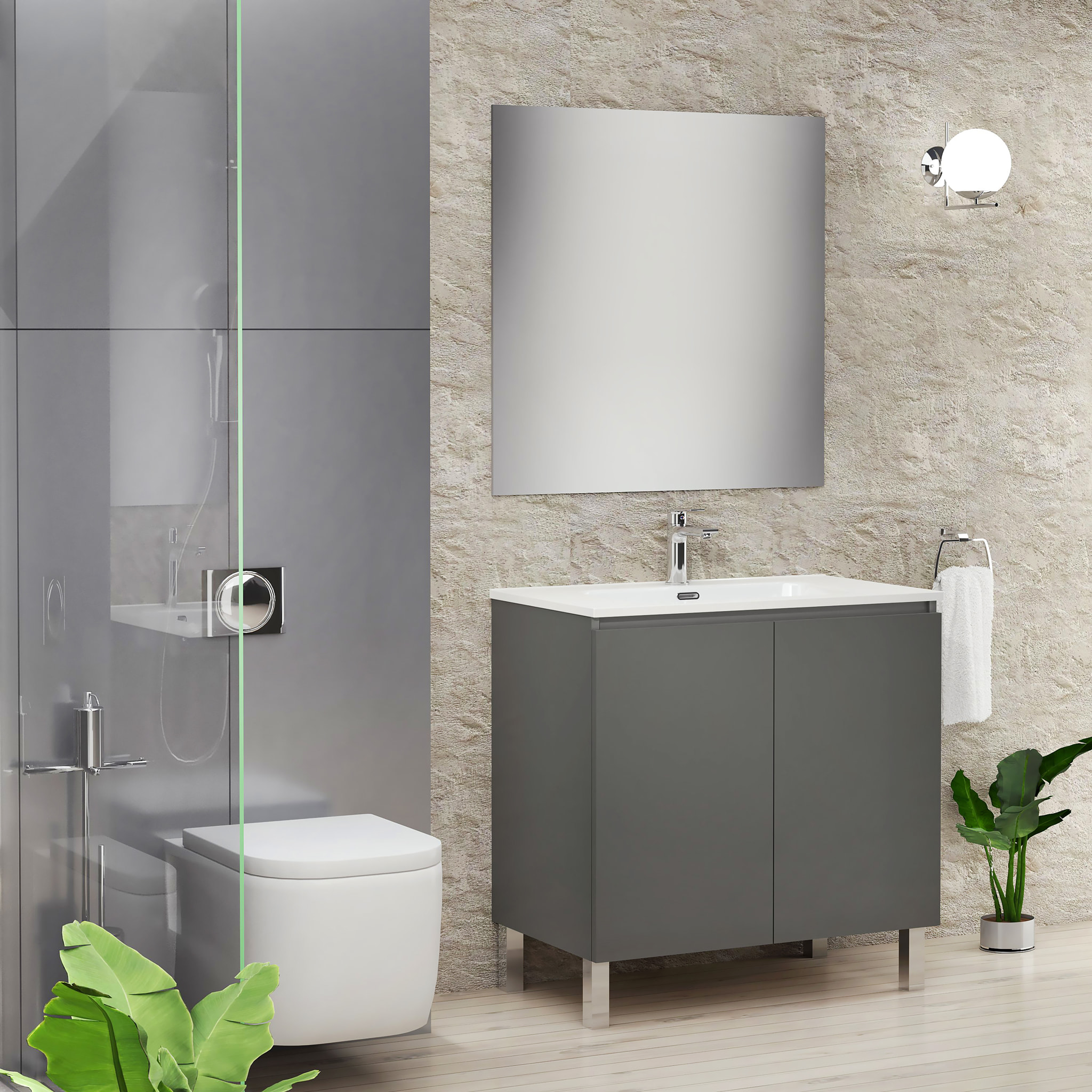 Conjunto de Baño Lust | 80 cm Gris Mate | Dos Puertas | Lavabo Encastrado | No incluye Espejo | Mueble Montado | Alday