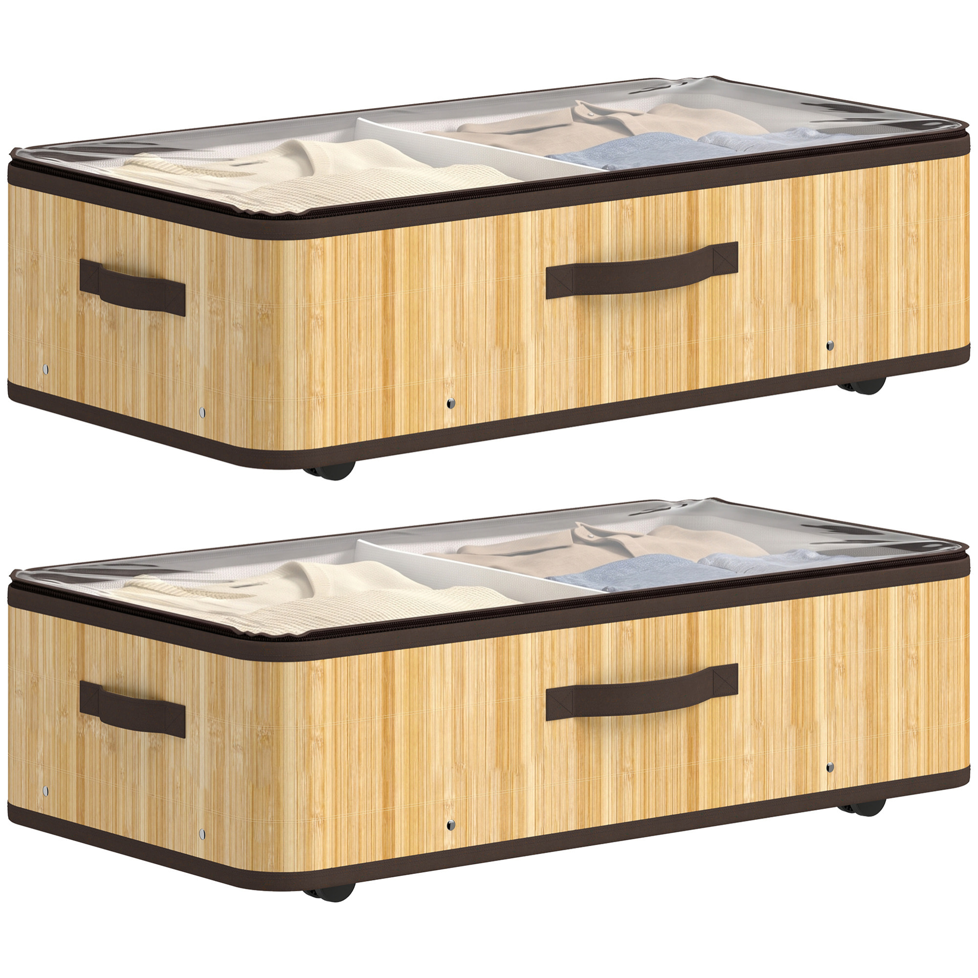 Juego de 2 Cajas de Almacenaje Bajo Cama con Ruedas, 60L, Organizador Zapatos Debajo Cama de Bambú con Tapa Transparente y Asa, Marco Metálico, para Zapatos, Mantas, Juguetes, Natural