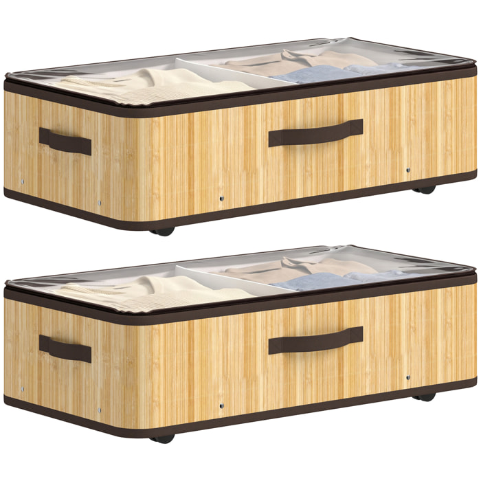 Juego de 2 Cajas de Almacenaje Bajo Cama con Ruedas, 60L, Organizador Zapatos Debajo Cama de Bambú con Tapa Transparente y Asa, Marco Metálico, para Zapatos, Mantas, Juguetes, Natural
