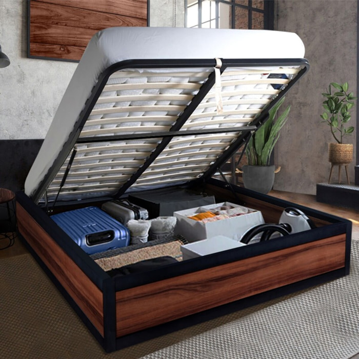 Ensemble lit coffre & matelas | Mémoire de forme, gel frais et mousse HD| Espace de Stockage jusqu'à 900 L | Robuste et Large Angle d’Ouverture | Bois et métal | Bois foncé