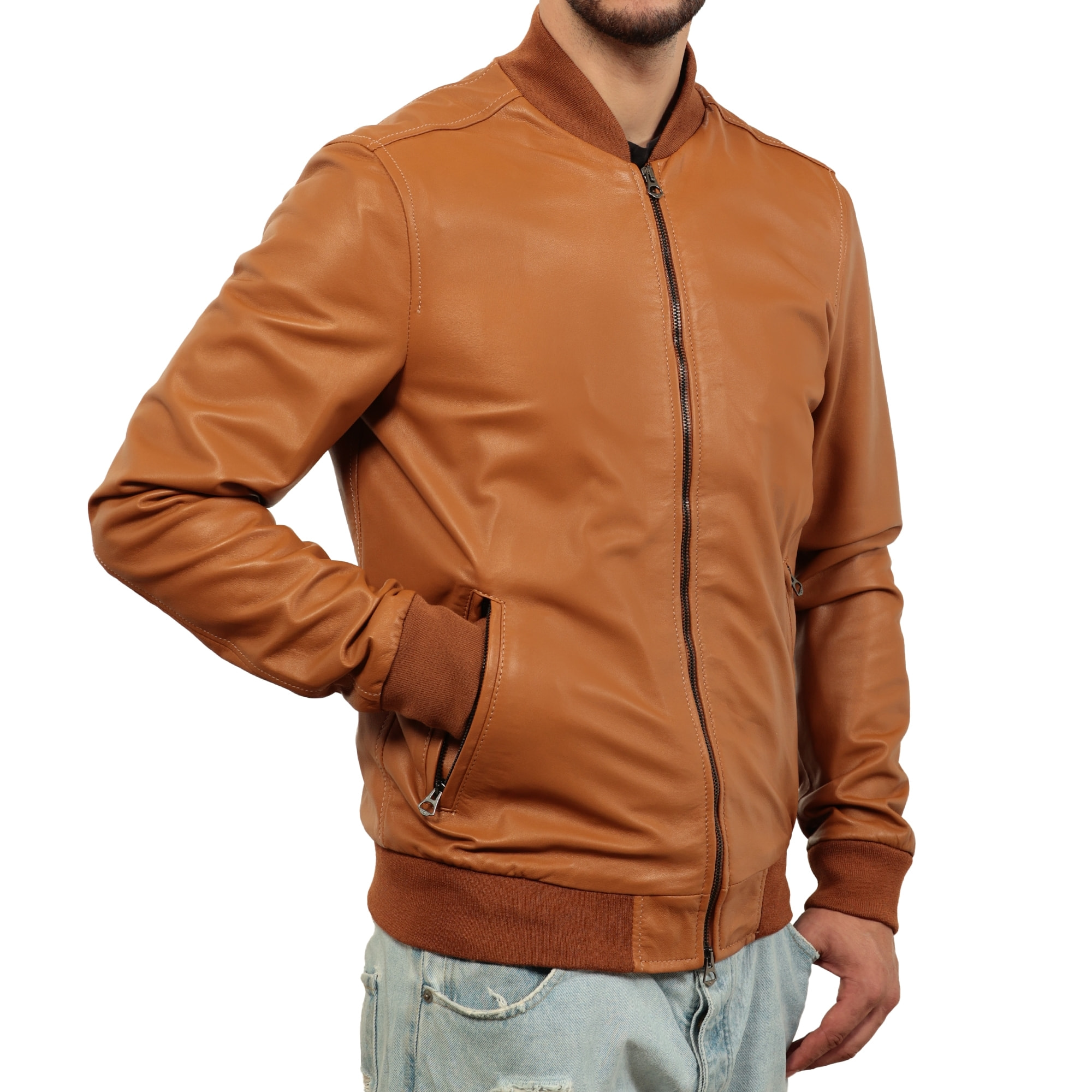 Giubbino in vera pelle di vitello color cuoio-Slim Fit