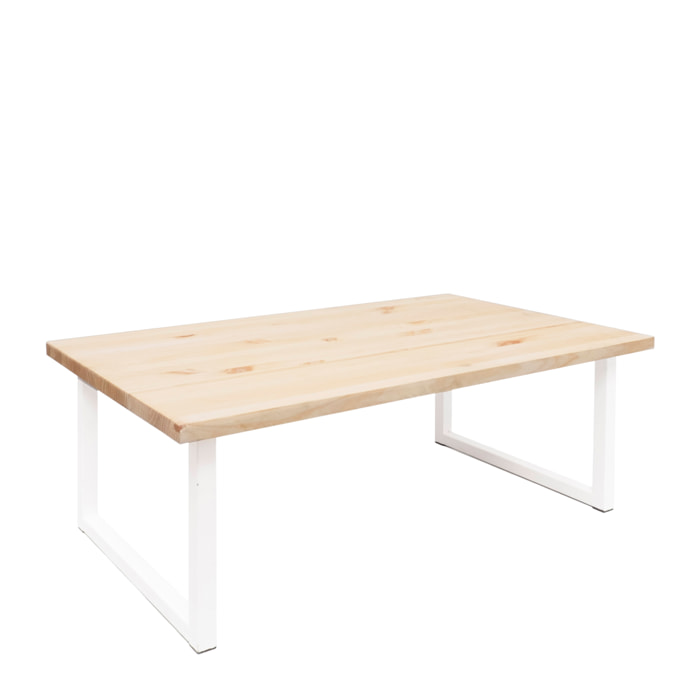 Mesa de centro de madera maciza acabado natural con patas de hierro blancas de 40x100cm Alto: 40 Largo: 100 Ancho: 60