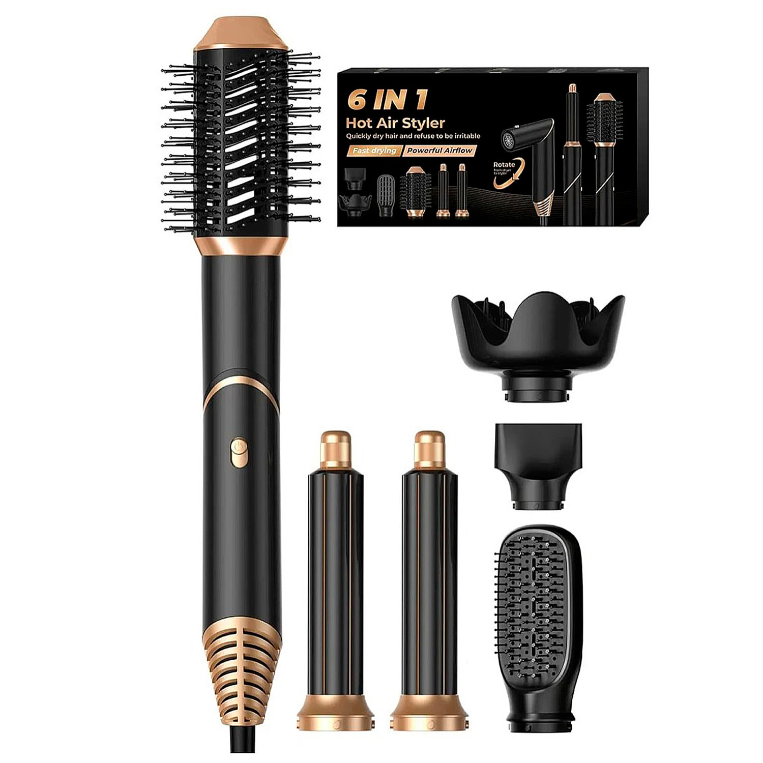 Secador de pelo plegable 5 en 1 con tecnología iónica, 1000 W de potencia y 3 niveles de temperatura ajustable.