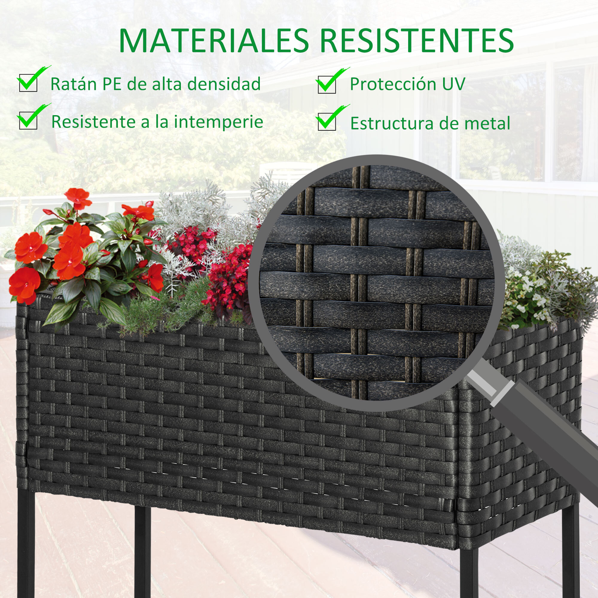 Jardinera Rectangular Exterior de Ratán con Estante Inferior Acero 30 kg Gris