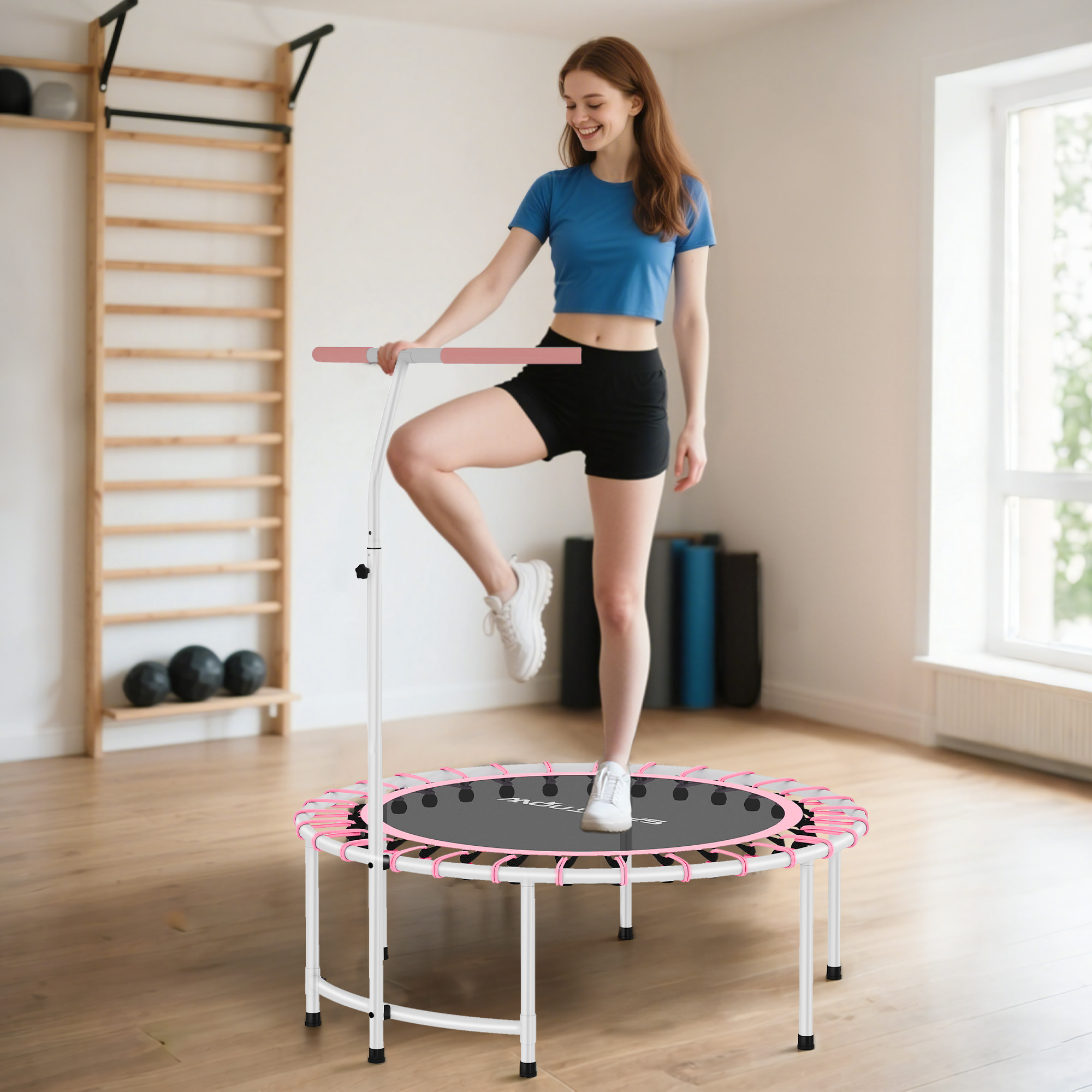 Trampolín de Fitness Adultos Ø102 cm, Mini Cama Elástica Fitness con Mango Ajustable de 5 Niveles, Marco de Acero, para Entrenamiento Piernas, Cuerpo en Hogar, Oficina, Gimnasio, Rosa