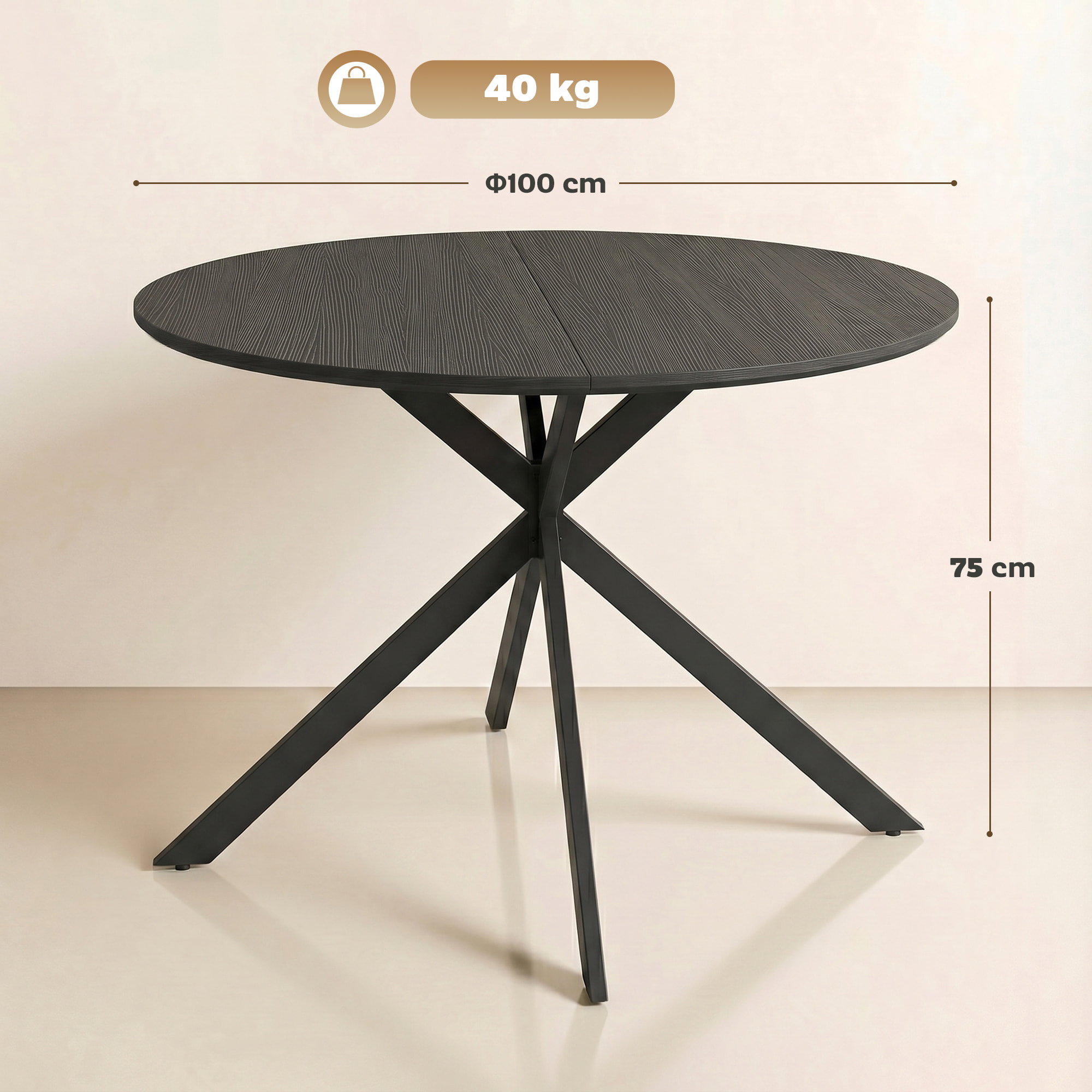Table ronde style industriel bois métal 4 pers. dia. 100 cm noir