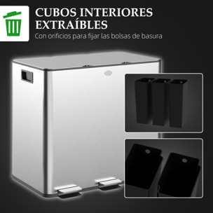 Cubo de Basura de Cocina con 3 Compartimentos 3x10L Papelera de Cocina de Acero Inoxidable con Pedales Tapas de Cierre Suave y Cubo Extraíble para Dormitorio Oficina Salón Plata