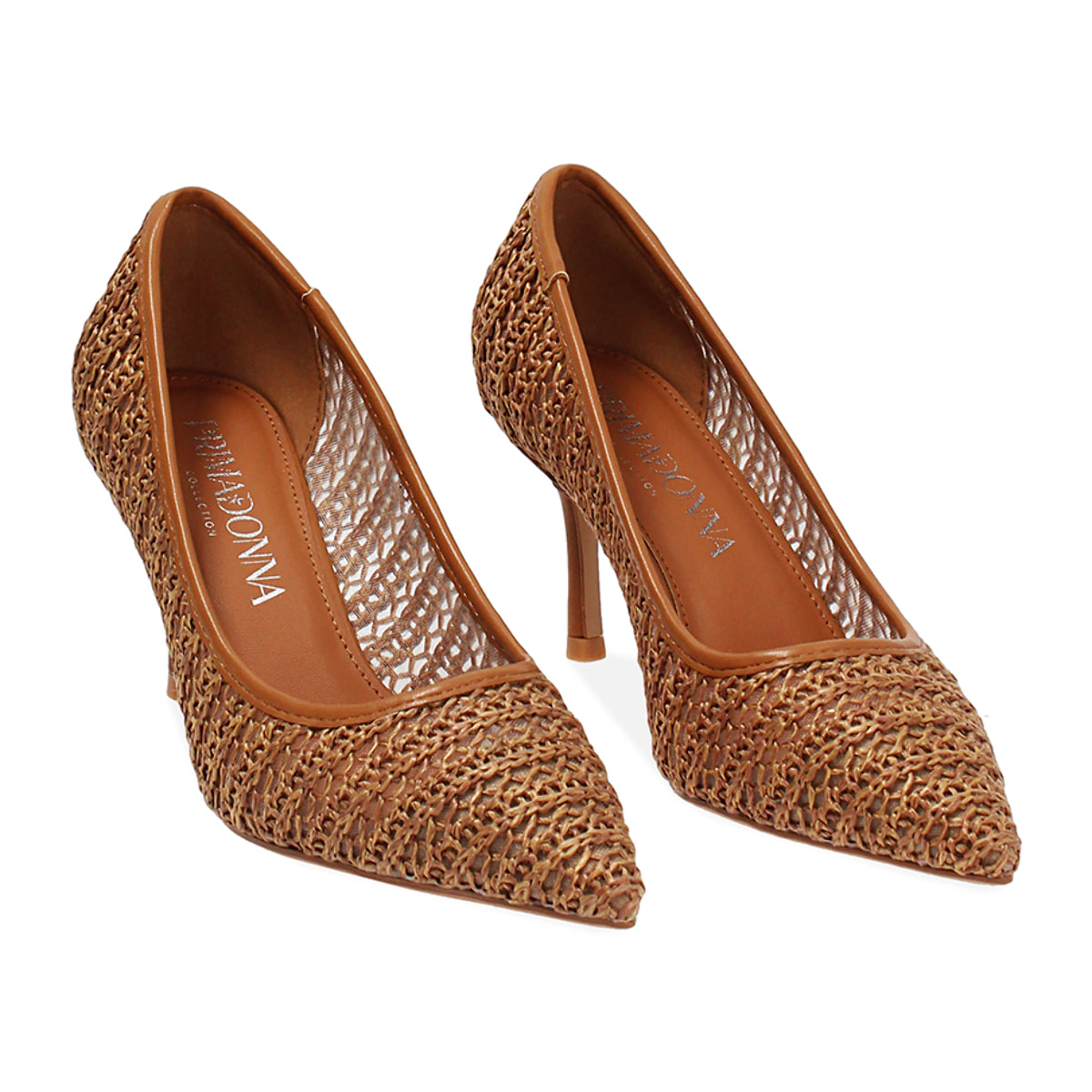 Décolleté donna camel in rafia, tacco 7 cm