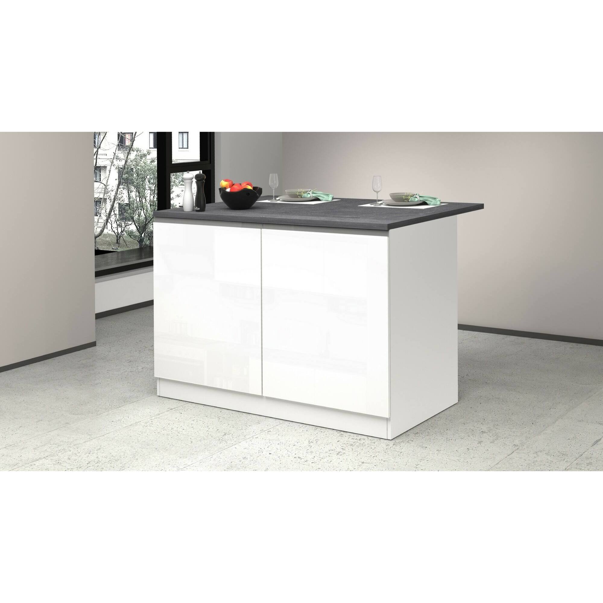 Isola da cucina Daffaticat, Mobile da cucina a 2 ante, Tavolo ausiliario portaoggetti, 100% Made in Italy, 125x90h90 cm, Bianco lucido e Ardesia