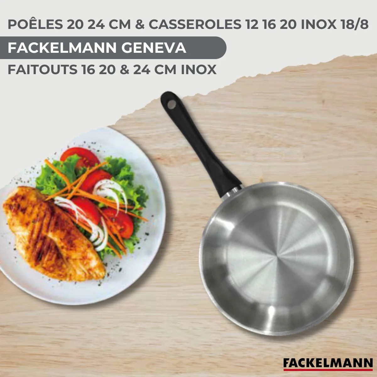 Lot 2 Poêles, 3 Faitouts 16/20/24 cm & 3 Casseroles 12/16,/20 cm Fackelmann Geneva et 5 Ustensiles Vario