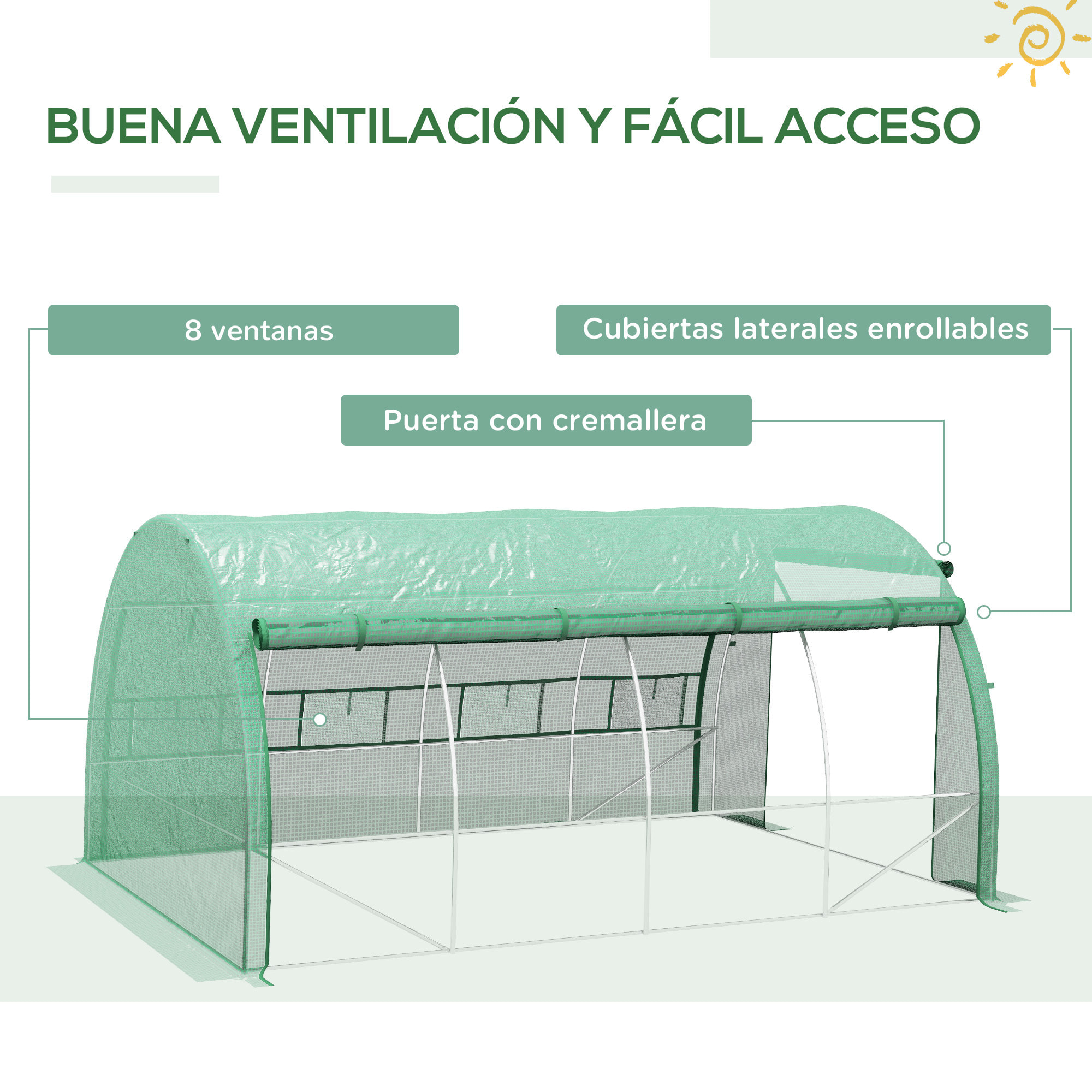 Invernadero de Exterior 4x3x2 m Invernadero de Túnel con Puerta y 8 Ventanas de Malla Enrollables Invernadero de Huerto para Patio Jardín Verde