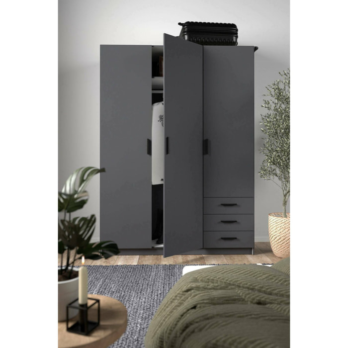 Guardaroba 3 ante Simeon, Mobile camera da letto, Cabina armadio portabiti, Armadio appendiabiti, 147x50 h200 cm, Grigio