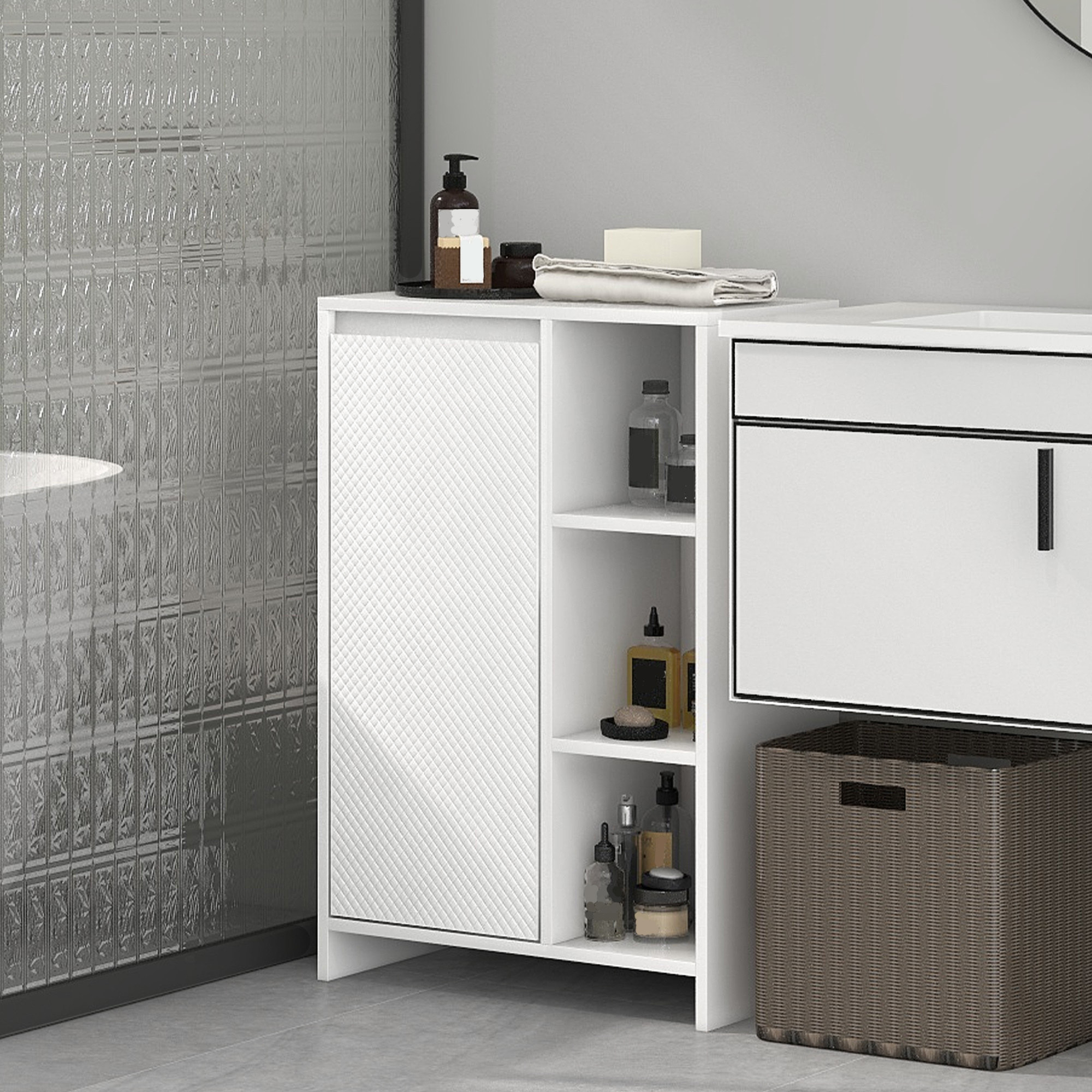 Meuble bas salle de bain design contemporain porte étagère 3 niches blanc