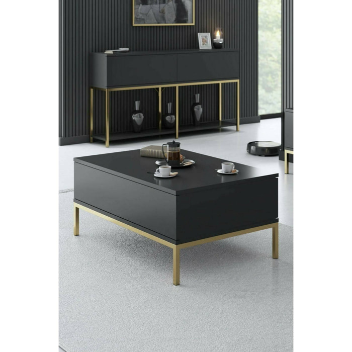 Tavolino da salotto Vespero, Tavolo basso da caffè, Portariviste per divano, Ripiano da soggiorno, 90x60h40 cm, Antracite e Oro