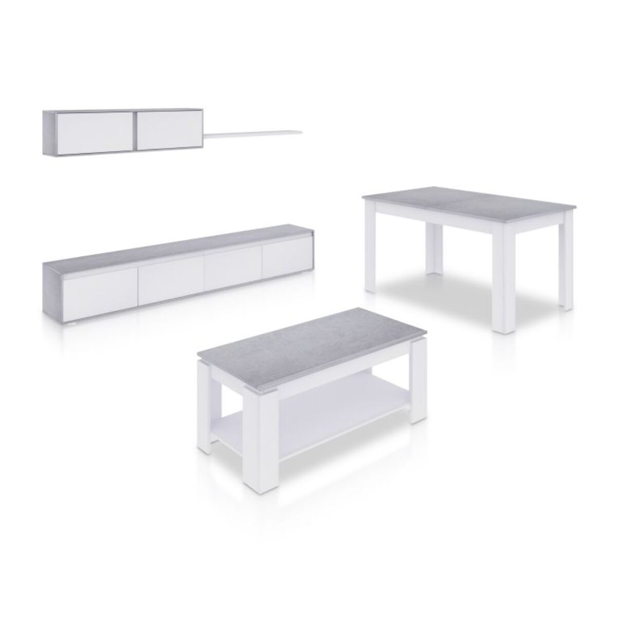 Pack salón con mesa de centro y mesa de comedor Arlet Max Blanco Artik (Blanco Mate) - Gris Cemento