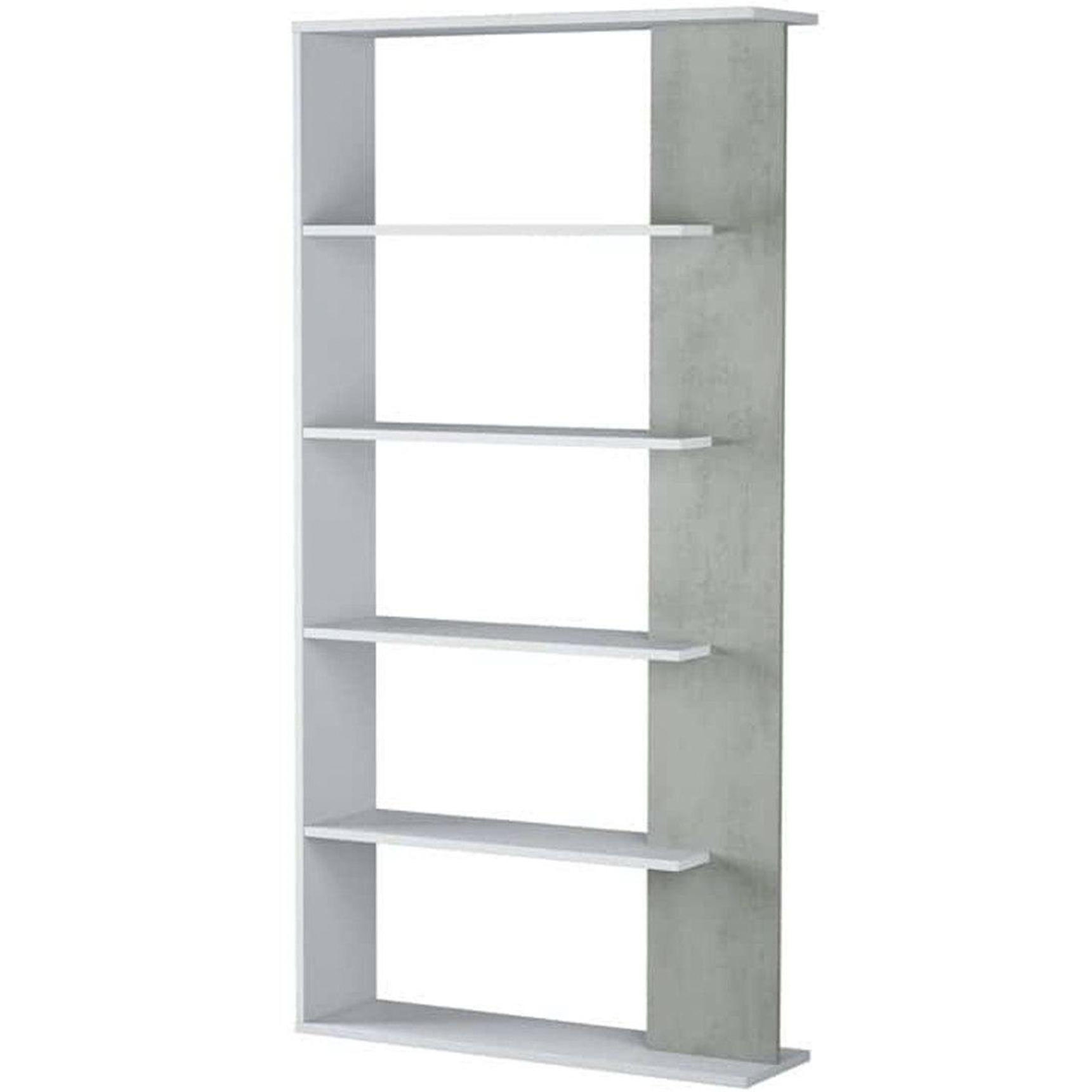 Libreria Columbia, Mobile portalibri bifacciale a 5 ripiani, Scaffale divisorio da ufficio o cameretta, cm 90x25h180, Bianco e Cemento