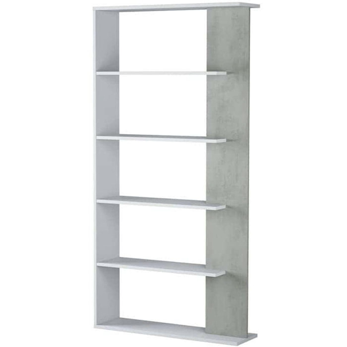 Libreria Columbia, Mobile portalibri bifacciale a 5 ripiani, Scaffale divisorio da ufficio o cameretta, cm 90x25h180, Bianco e Cemento