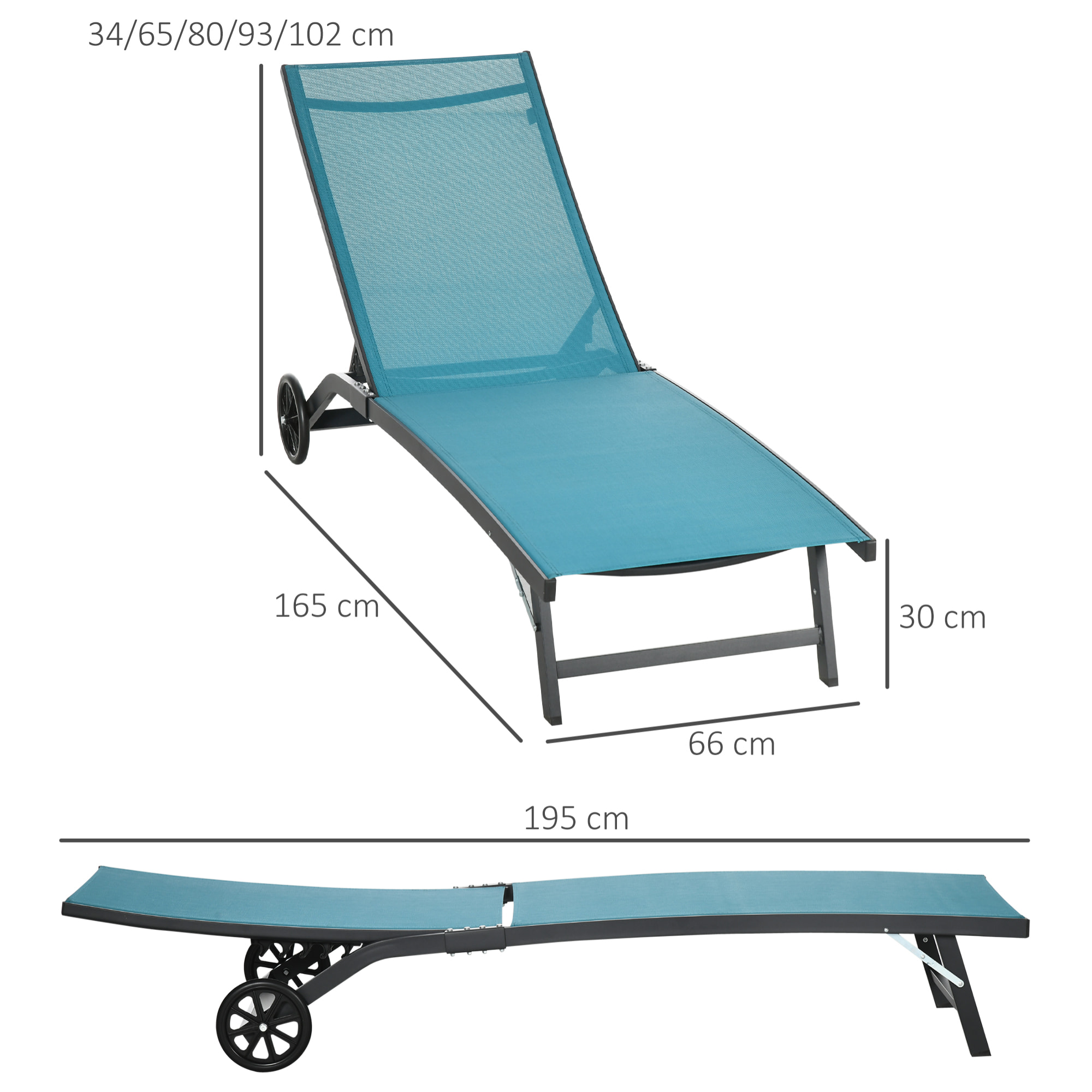 Pack de 2 Tumbonas de Jardín Exterior Tumbonas Reclinables de Aluminio con Respaldo Ajustable de 5 Niveles y Ruedas para Playa Piscina 165x66x102 cm Azul y Gris