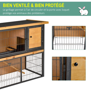 Clapier à lapin cage à lapin 2 niveaux 3 portes verrouillables rampe toit ouvrant bitûmé métal époxy pin pré-huilé