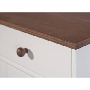 Credenza a due ante e due cassetti, colore bianco e marrone, cm 90 x 86 x 45.