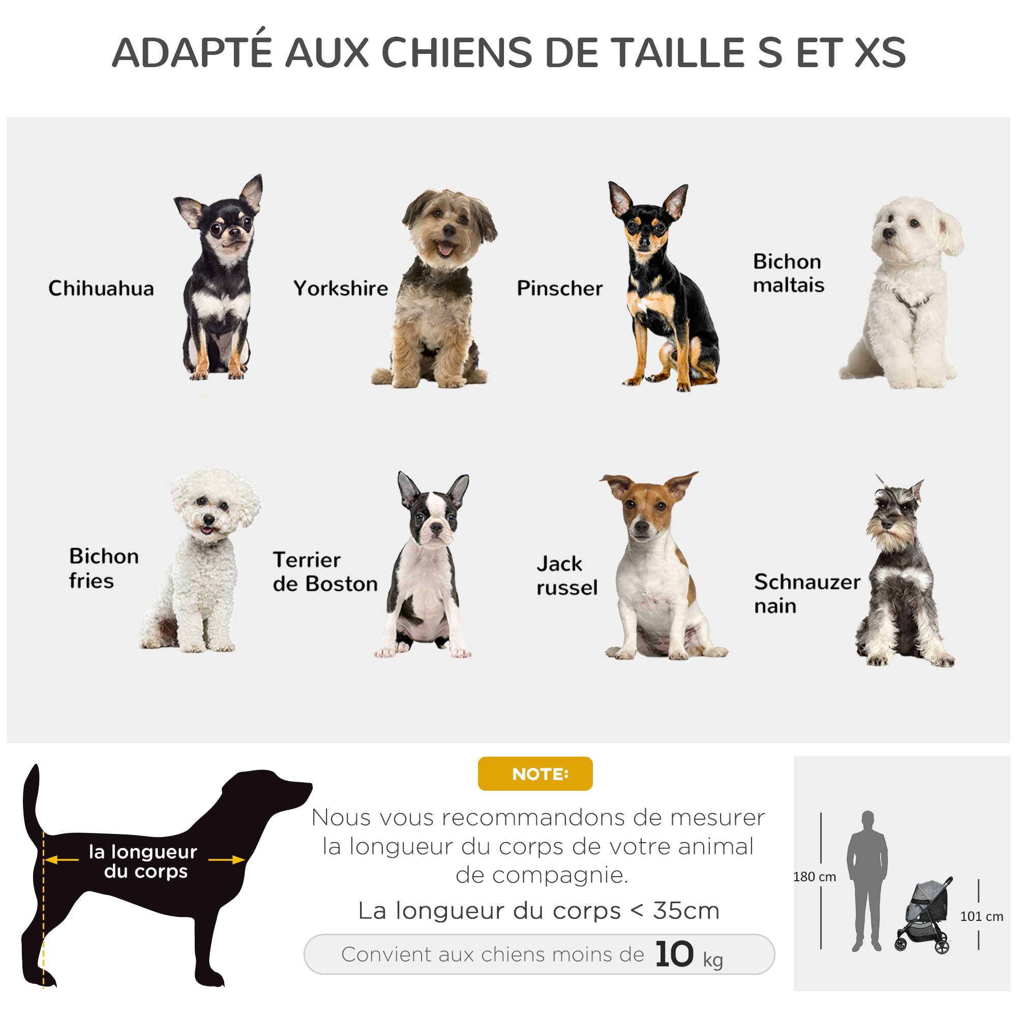 Poussette buggy pliable pour chien chat - 2 attaches, guidon réglable, panier - acier oxford gris