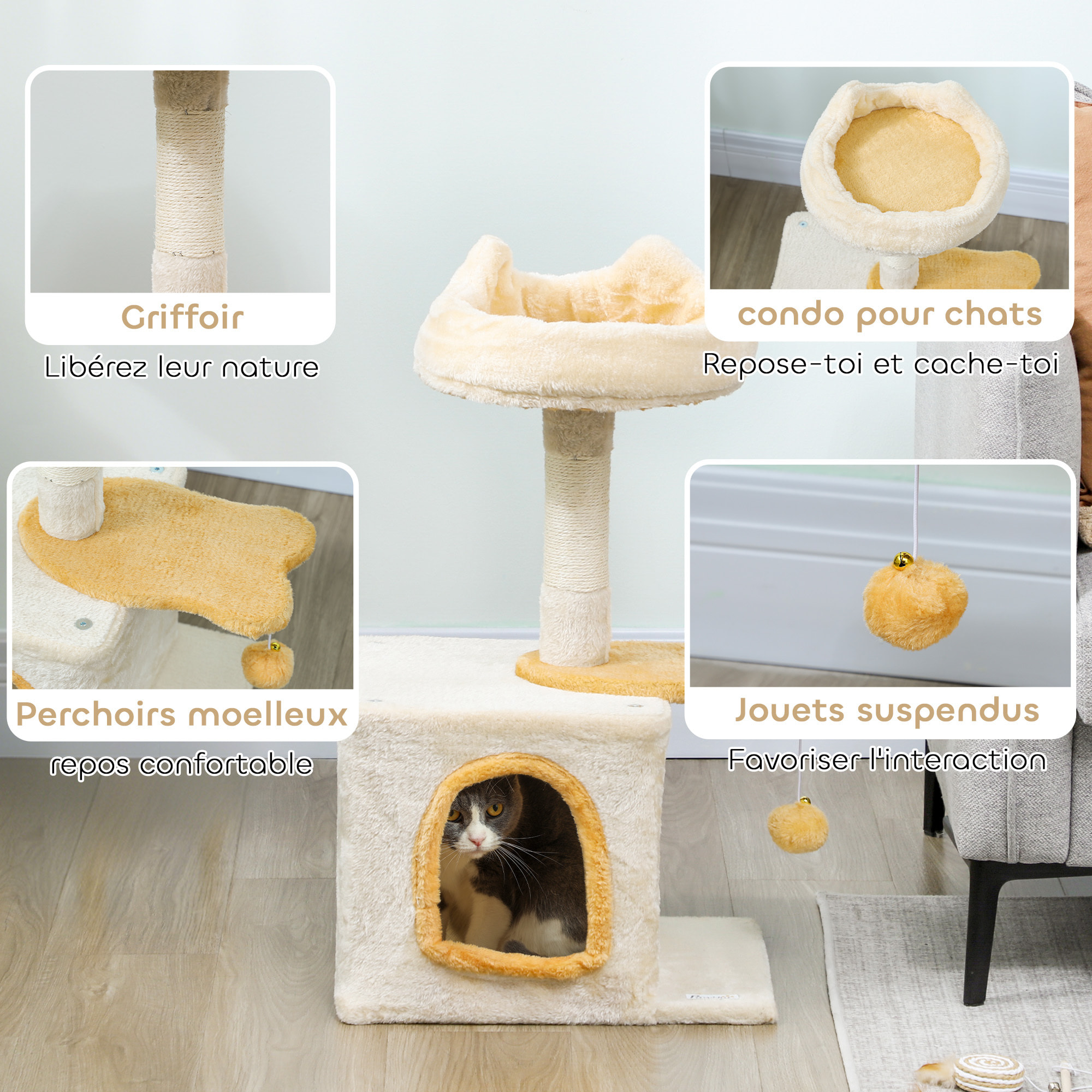 Arbre à chat perchoir plateforme niche beige