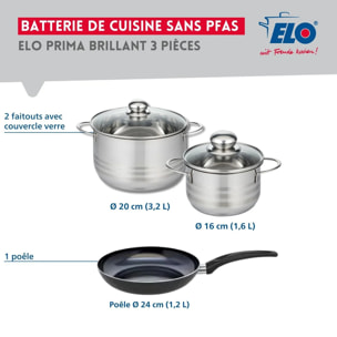 Ensemble de 1 Poêle de cuisson 24 cm et 2 faitouts 16 et 20 cm Elo Prima Brillant