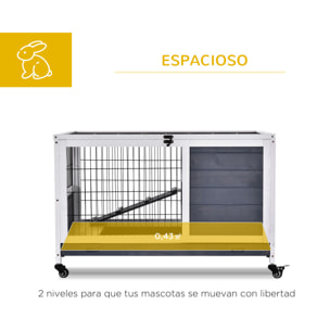 Jaula para Conejos de Madera 90x53x59 cm Conejera para Mascotas Pequeñas Portátil Interior con Techo Abrible Rampa Bandeja Extraíble para Conejillos de Indias Gris y Blanco