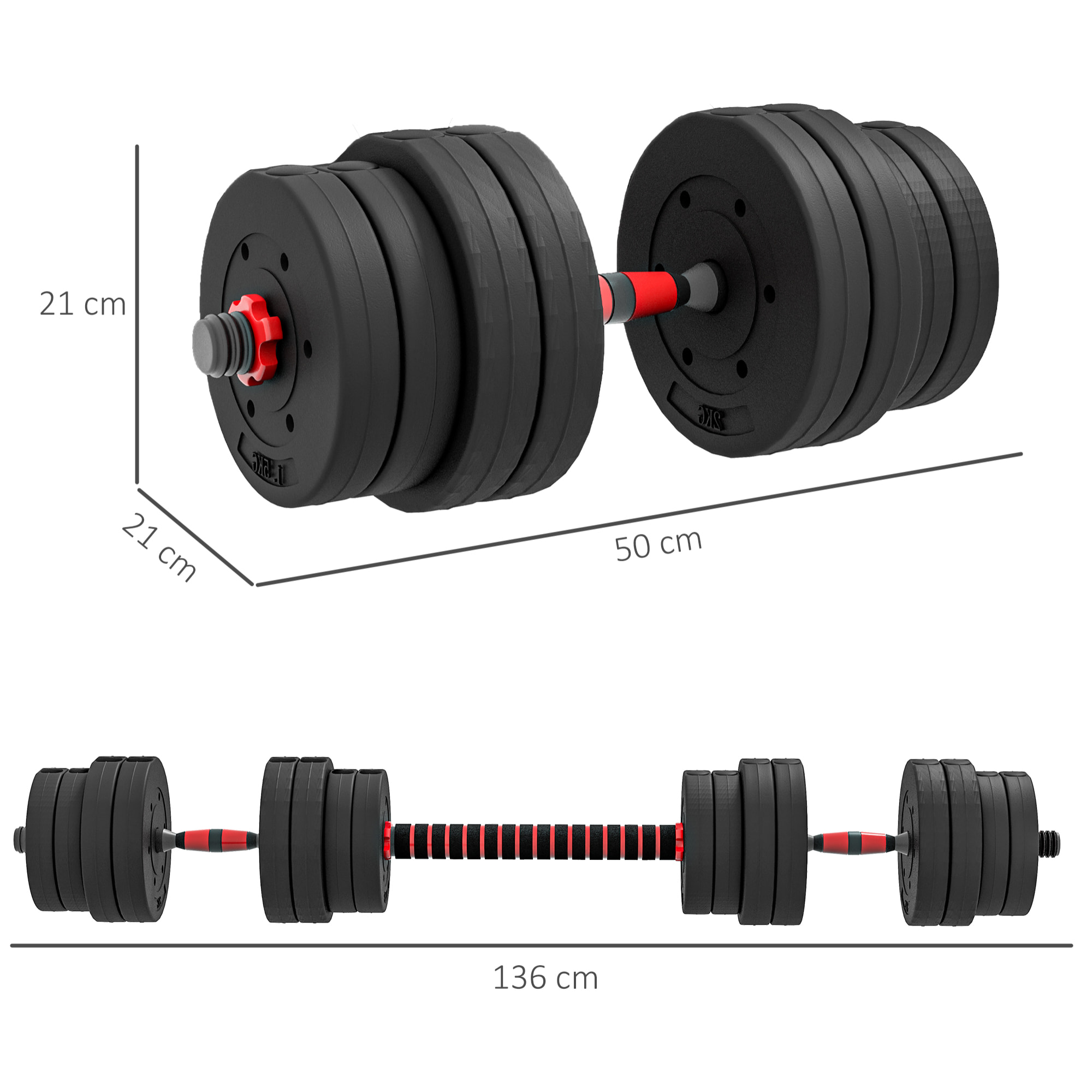 Juego de Mancuernas Ajustables, 2 en 1, 30kg, Juego de Pesas con Barras de Conexión y Mangos Antideslizantes, Pesas y Mancuernas para Hombres y Mujeres, Ejercicio de Fitness, Gimnasio en Casa