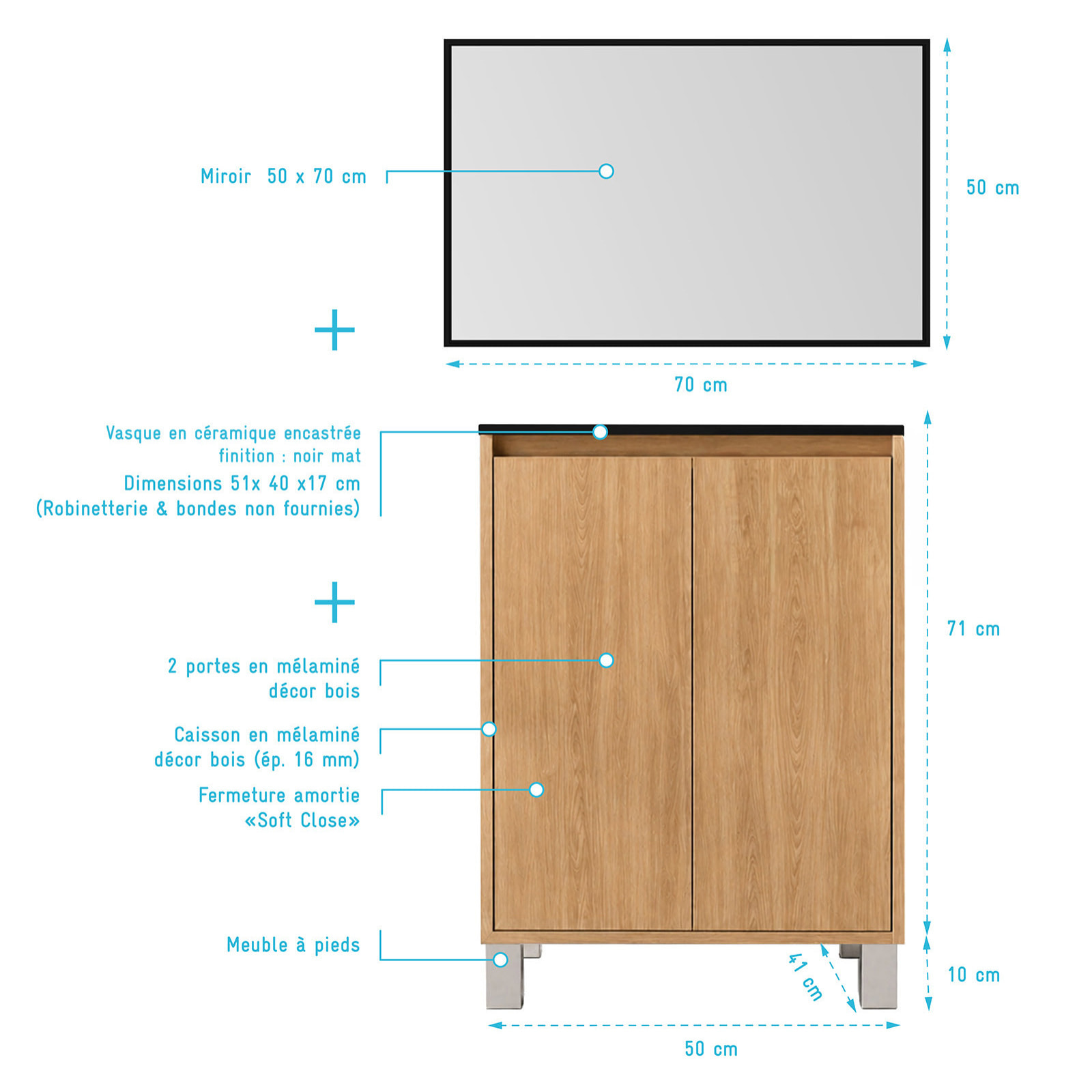 Meuble de Salle de Bains 50cm 2 portes Chêne Clair, Vasque Noire et Miroir Cadre Noir 50x70 - XENOS