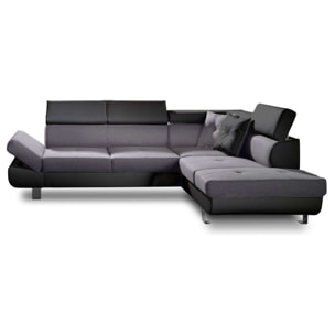 Lisbona - Canapé d'angle droit convertible - 5 places - avec têtières - Noir / Gris