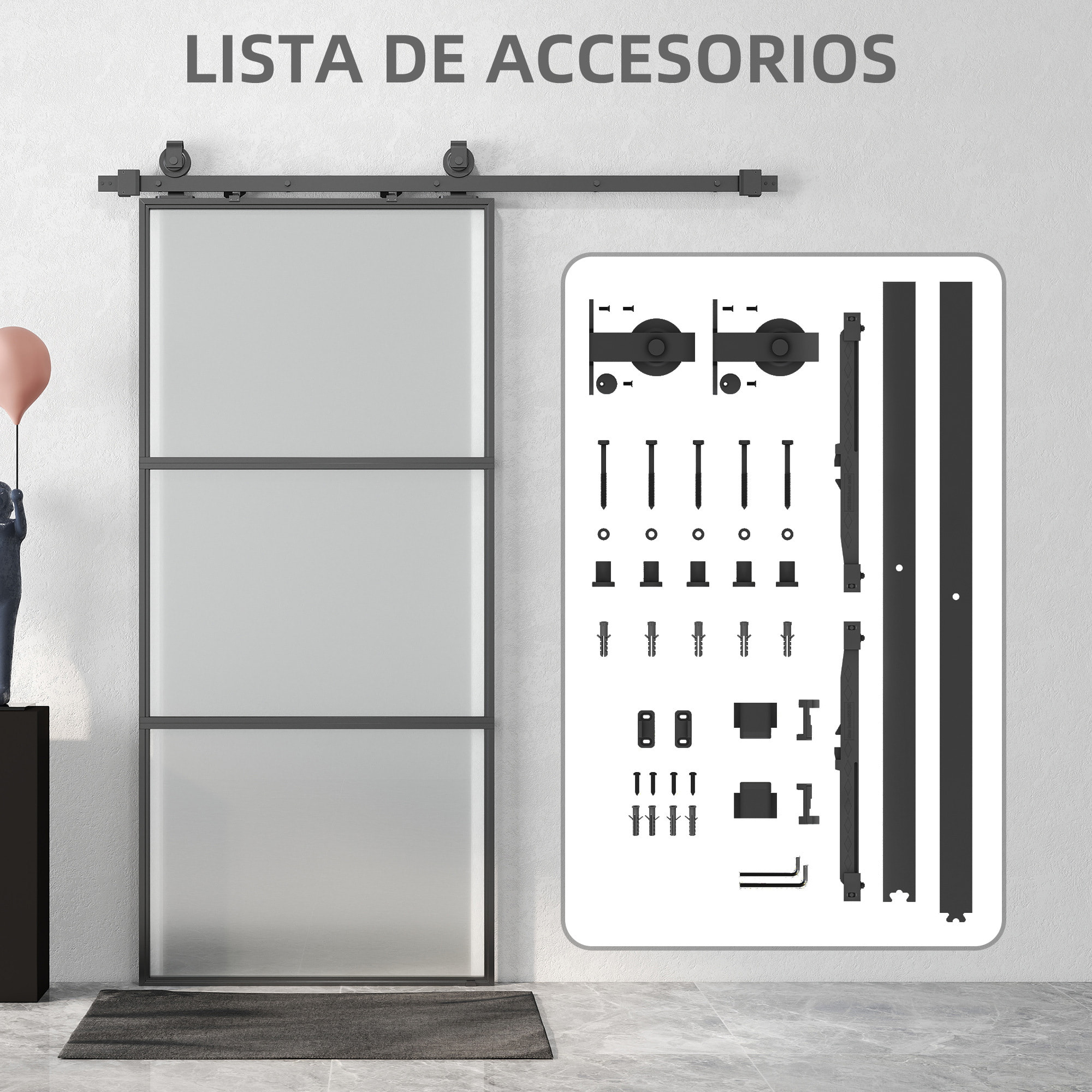 Puerta Corredera con Herrajes Puerta Corredera de Cristal con Mecanismo Cierre Suave para Baño Salón Sala de Estar Cocina 91,4x203,2 cm Negro