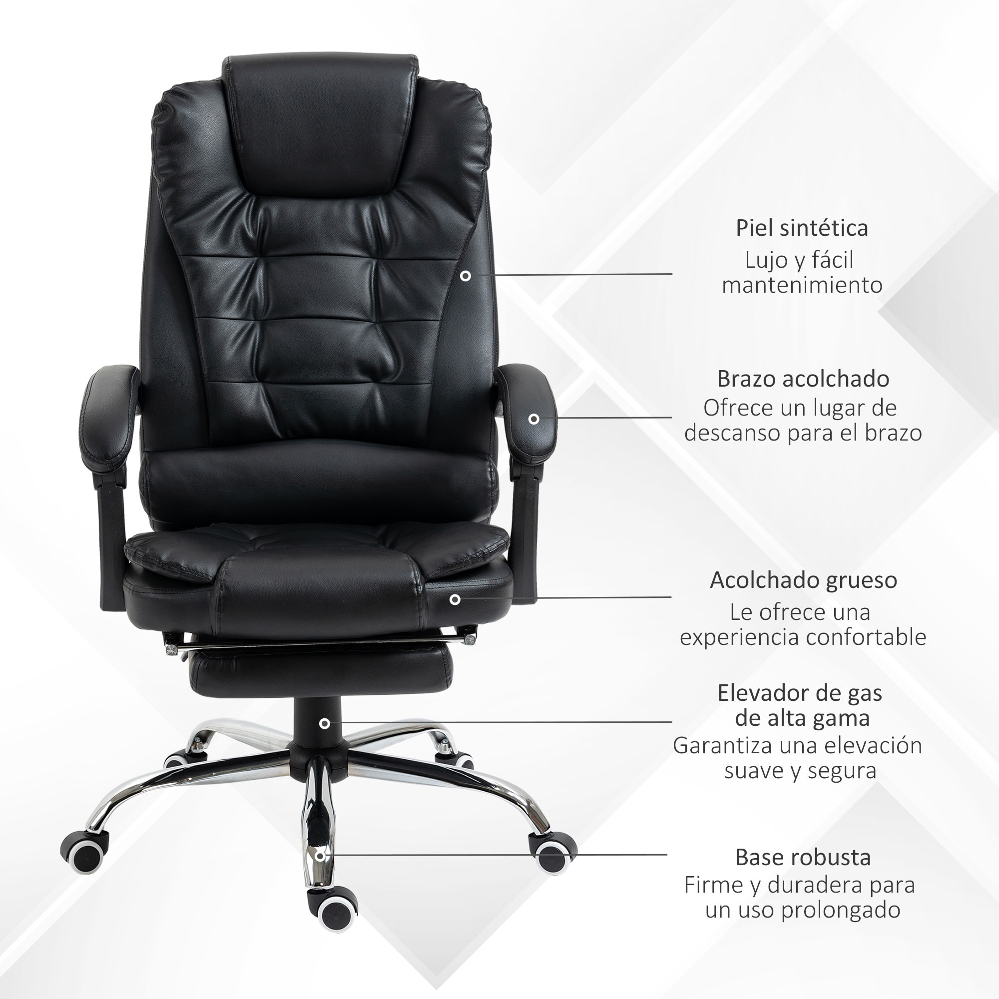 Silla de Oficina Reclinable Silla de Escritorio con Reposapiés Silla Ejecutiva Giratoria con Altura Ajustable Tapizada en PU y Reposabrazos para Estudio Negro