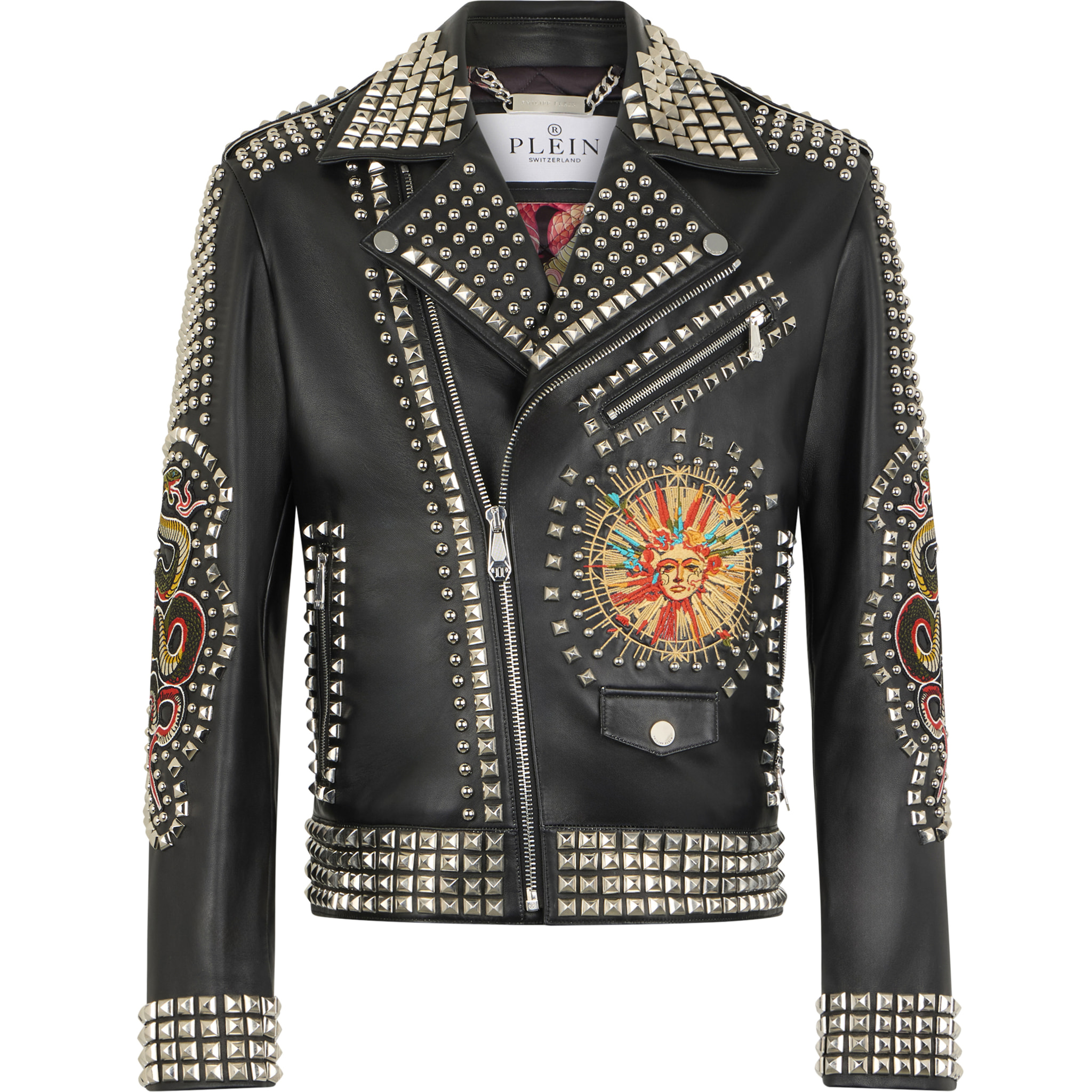 PHILIPP PLEIN Vintage Leather Biker Jacket Studs & Patches