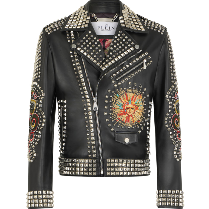 PHILIPP PLEIN Vintage Leather Biker Jacket Studs & Patches