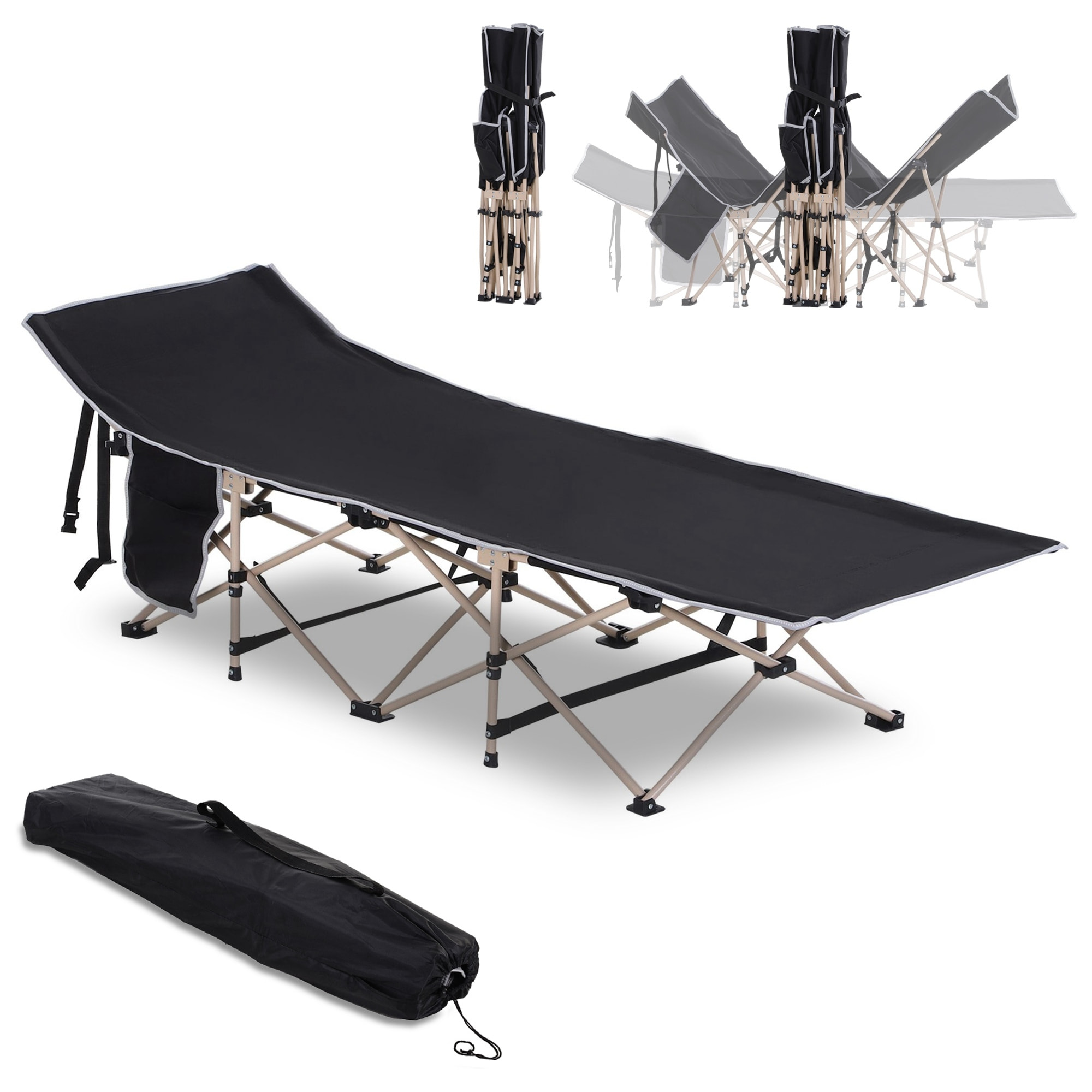 Cama de Camping Plegable Cama de Acampada con 1 Bolsillo Lateral Bolsa de Transporte y Marco de Acero Carga 150 kg para Playa Senderismo 190x68x52 cm Negro