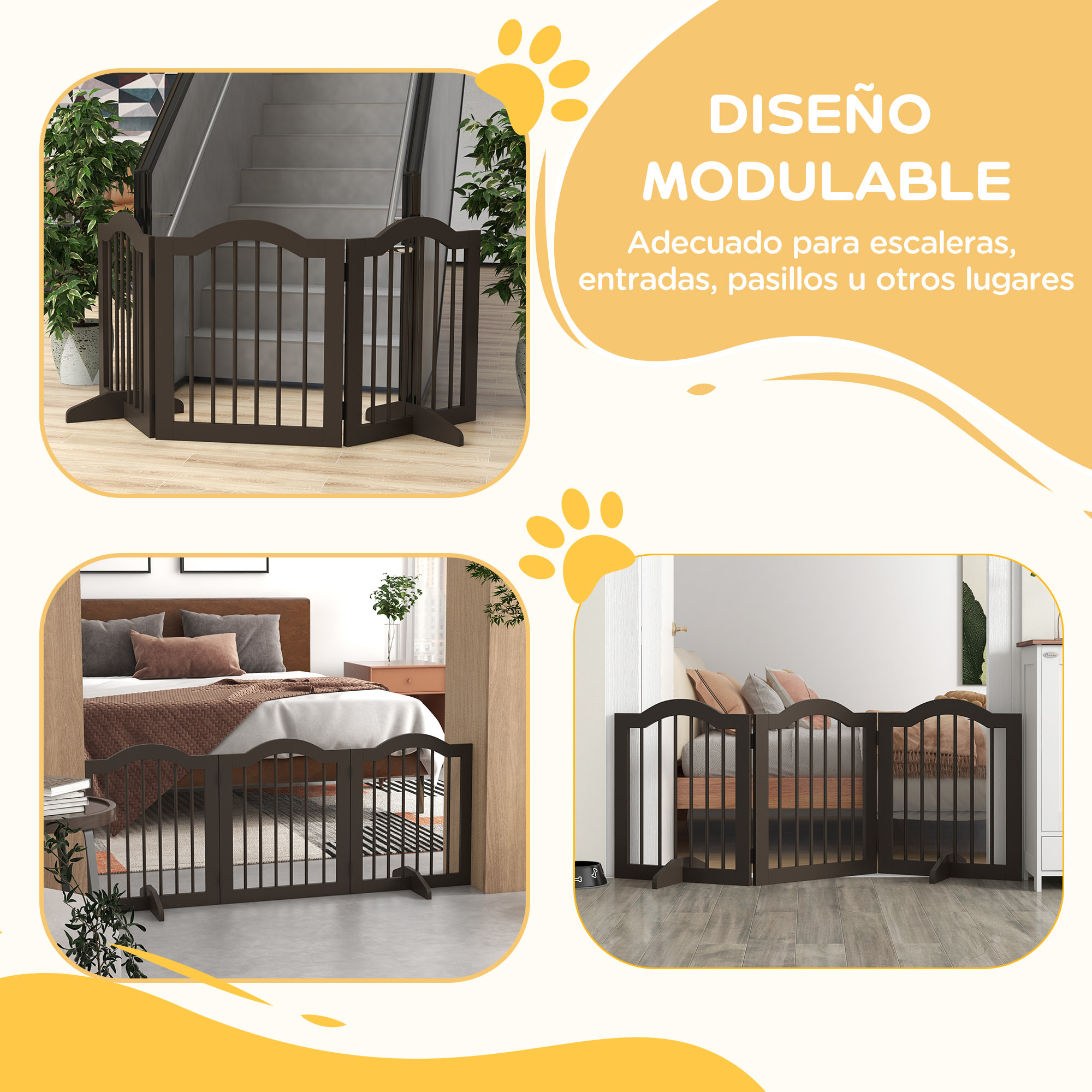 Barrera de Seguridad para Perros Pequeños Plegable Barrera para Perros en Casa de 3 Paneles con Patas Anchos para Escaleras Pasillos 154,5x29,5x61 cm Café