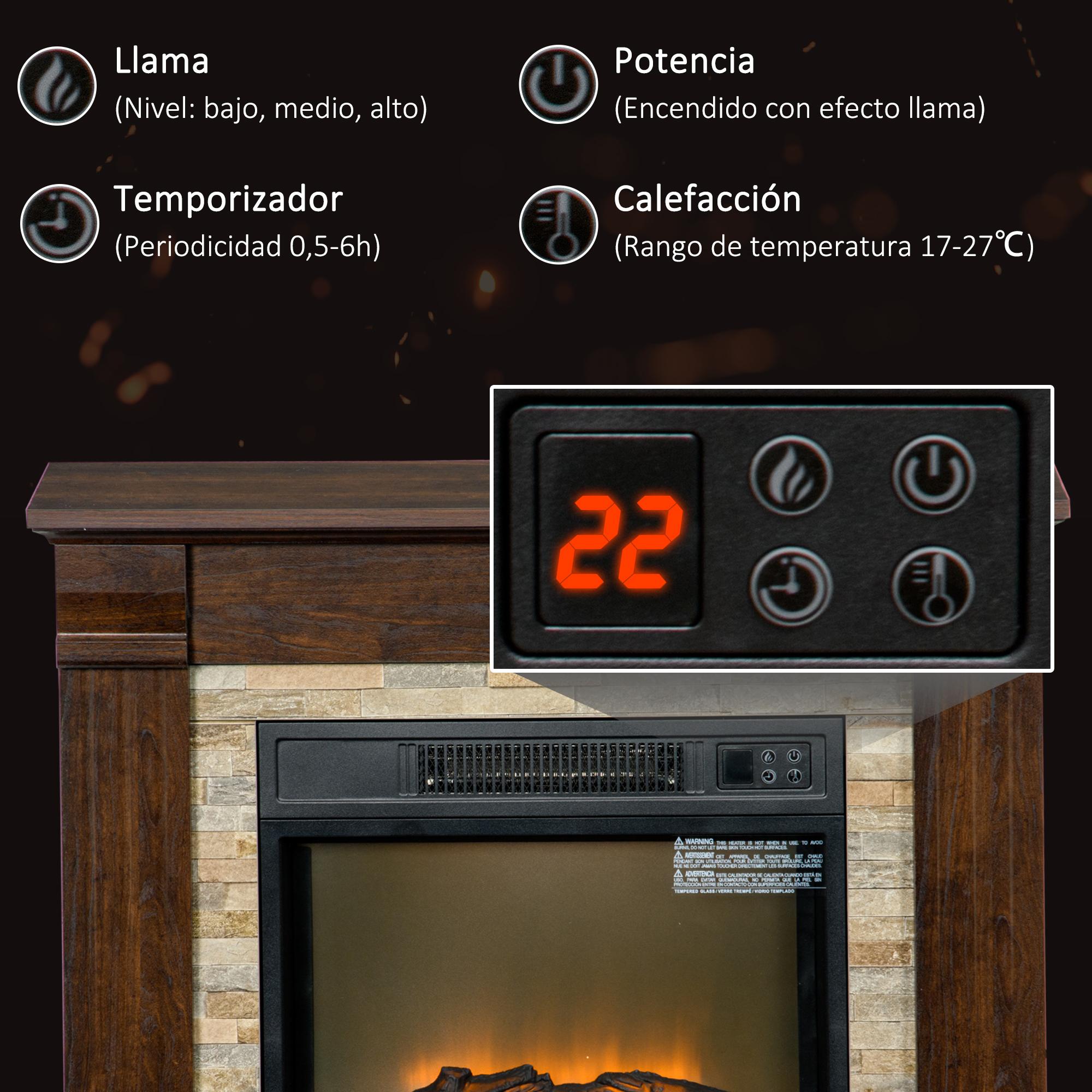 Chimenea Eléctrica 1800W Calentador de Chimenea con Efecto de Llama Mando a Distancia Temporizador y Protección Sobrecalentamiento para Sala 30 m² 80x21,6x67,8 cm Marrón Oscuro