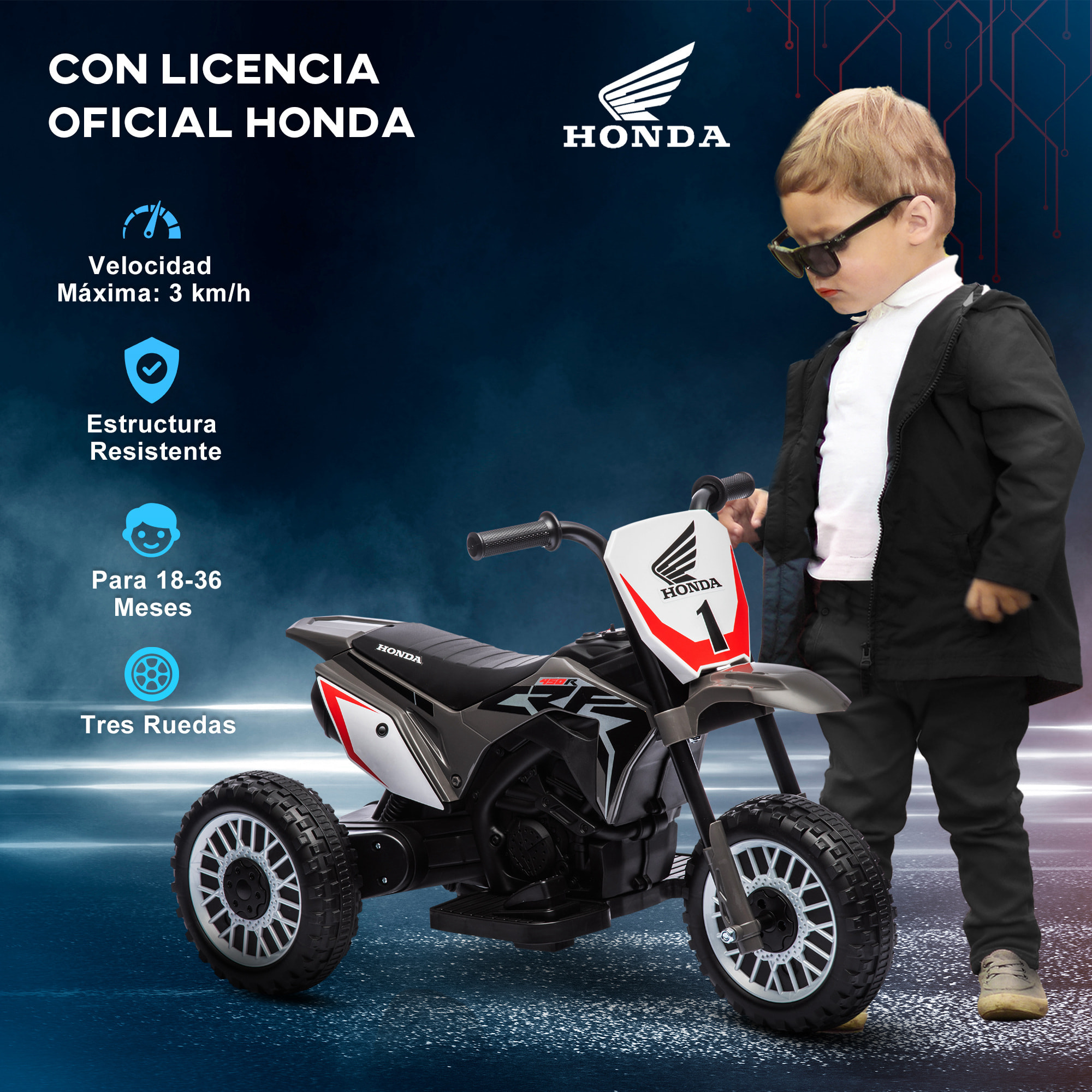 Moto Eléctrica con Licencia Honda CRF450RL para Niños de +18 Meses Motocicleta de Batería 6V con Velocidad 3 km/h Bocina y Sonido de Arranque Carga 25 kg 71x40,5x43,5 cm Gris