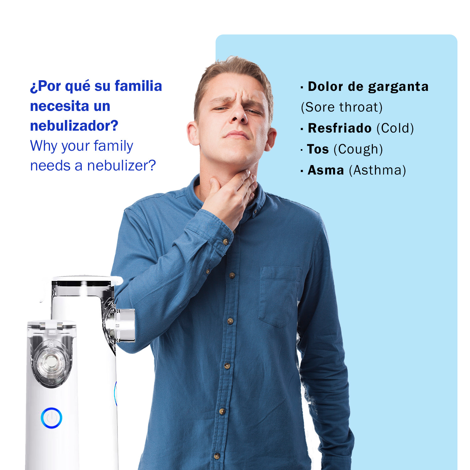 Nebulizador portátil JSL-W301, para el cuidado del asma, alergias y otros trastornos respiratorios. Incluye mascarillas infantil y adulto.