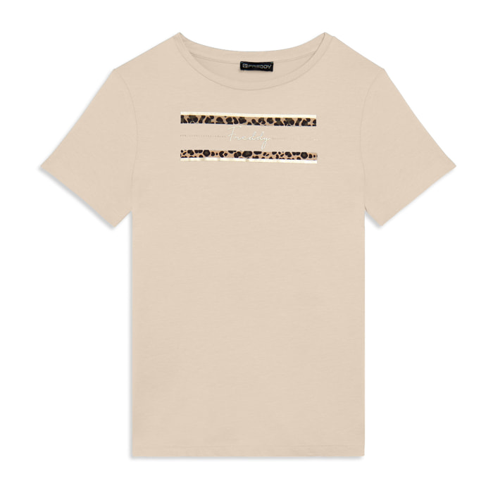 T-shirt Manica Corta con Dettagli Animalier e Borchie