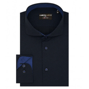 Camicia Uomo 1 Bottone Francese Slim Cotone Poliestere Stampato Blu/Bluette