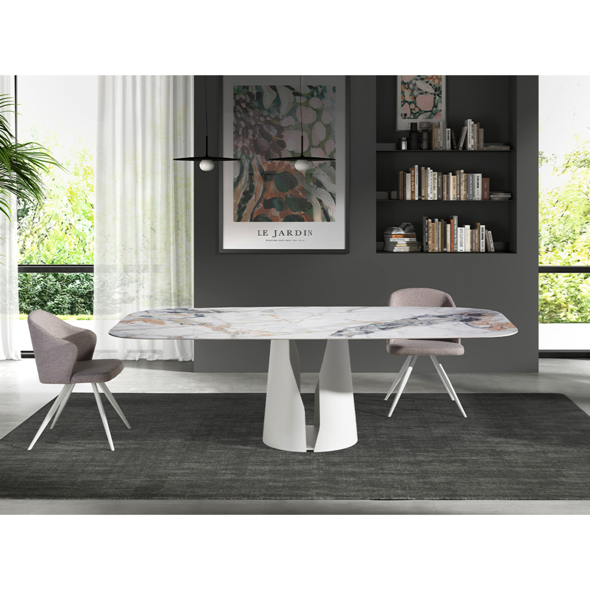 Mesa comedor Angel Cerdá ovalada barril con tapa fija de mármol porcelánico blanco con vetas en tonalidades grises y marrones en acabado brillo 238x110x76cm